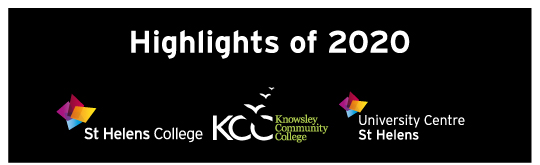 Title reads, Highlights 2020. Displayed underneath are the St Helens College logo, the Knowsley Community College Logo and the University Centre St Helens Logo.