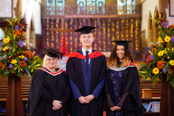 Left to right: Christine, graduate of FdSc Applied Microbiology, Matt, graduate of HNC in Computing, Alexis, graduate of BA (Hons) Theatre and Performance (Top-Up)