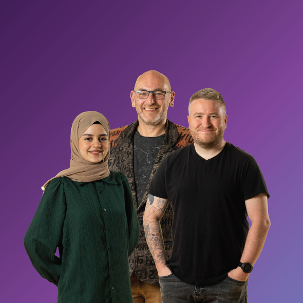 Image showing our three student successes from the front of our latest adult course guide