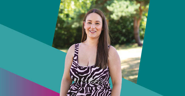 Our student Amy, with text saying reimagine, reskill and rediscover